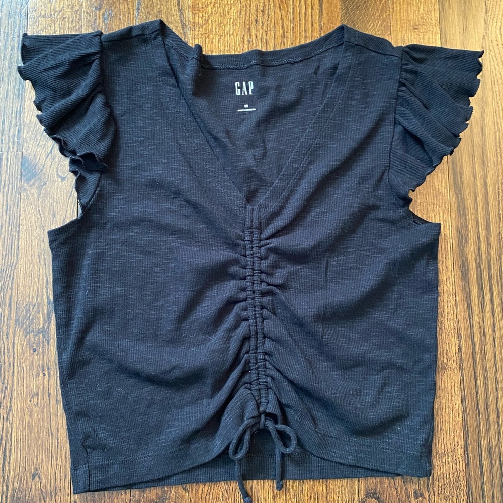 GAP- Flutter Sleeve Top Black Ruched Front adjustable drawstring women size M